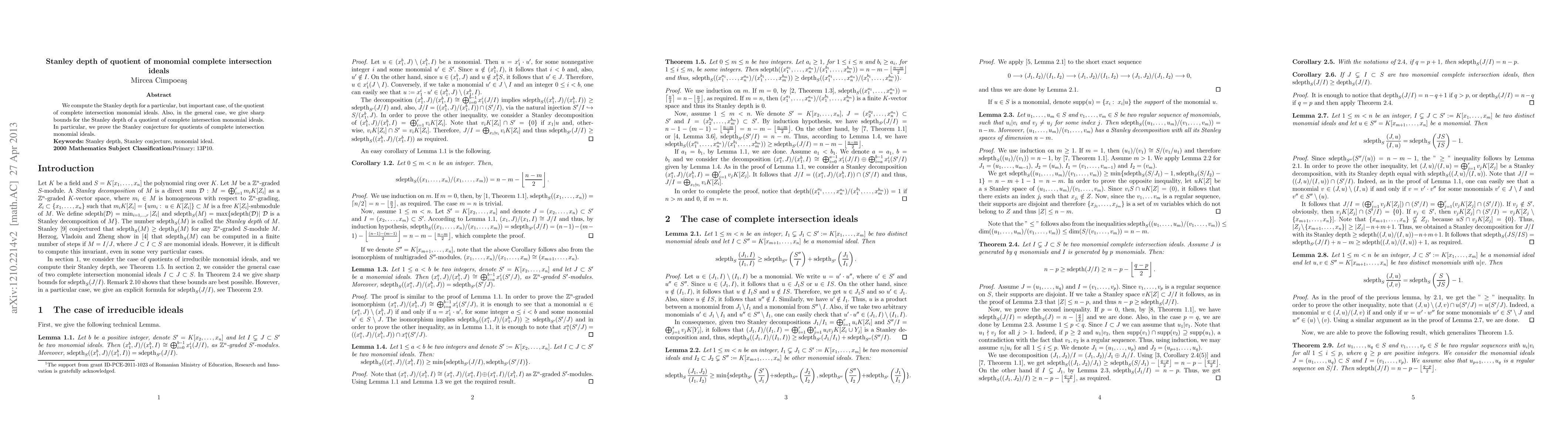 Thumbnail for Stanley depth of quotient of monomial complete intersection ideals