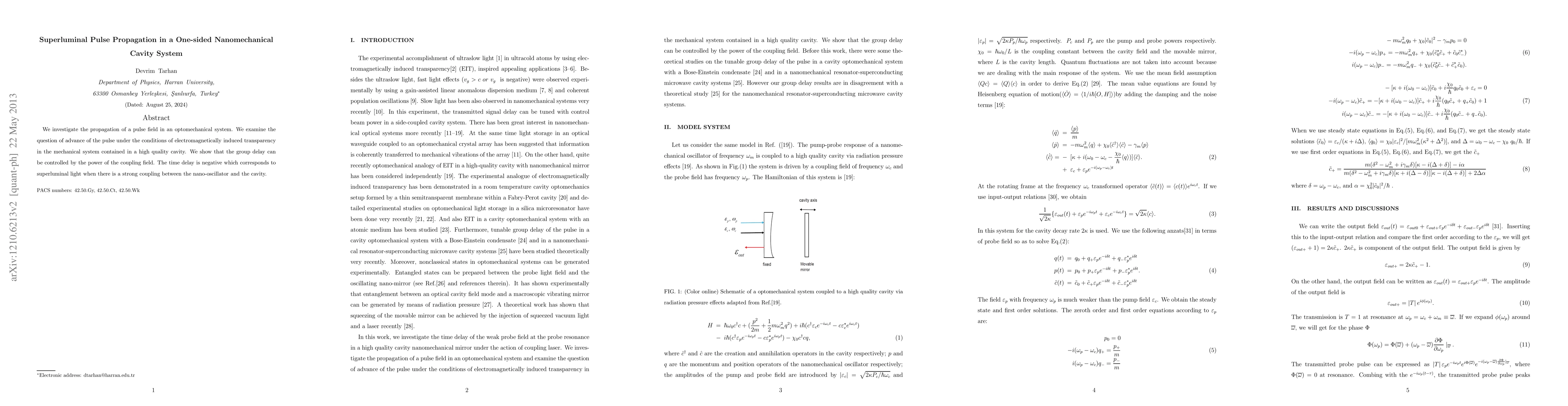 Thumbnail for Superluminal Pulse Propagation in a One-sided Nanomechanical Cavity
  System