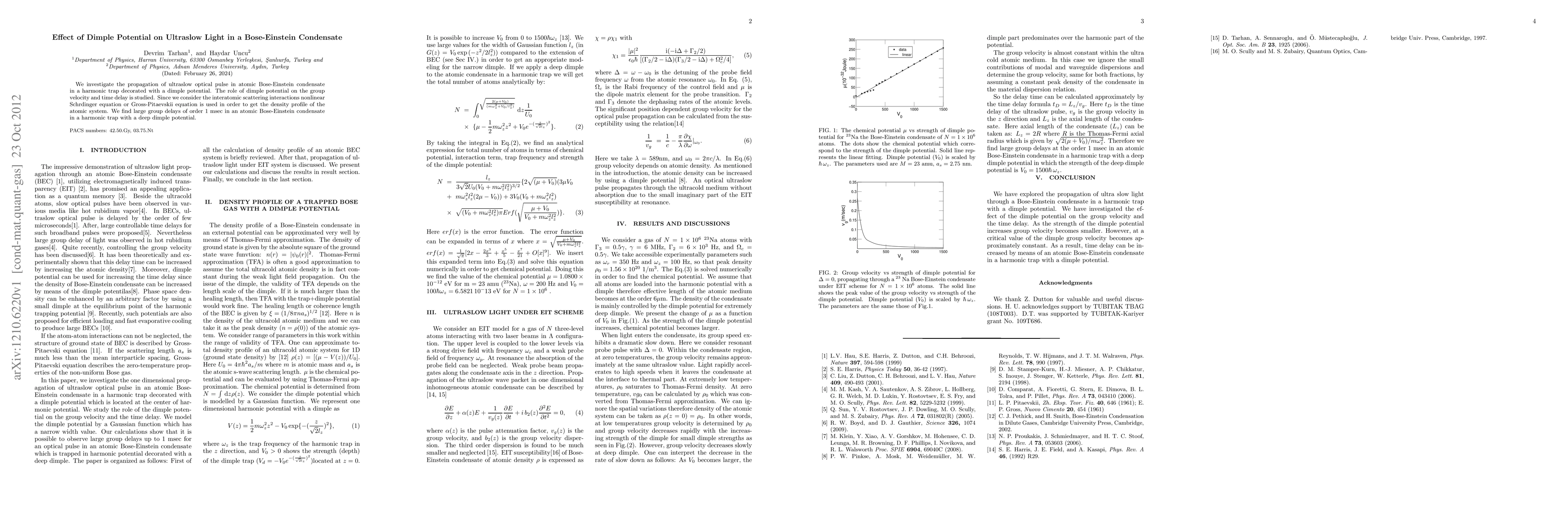 Thumbnail for Effect of Dimple Potential on Ultraslow Light in a Bose-Einstein
  Condensate