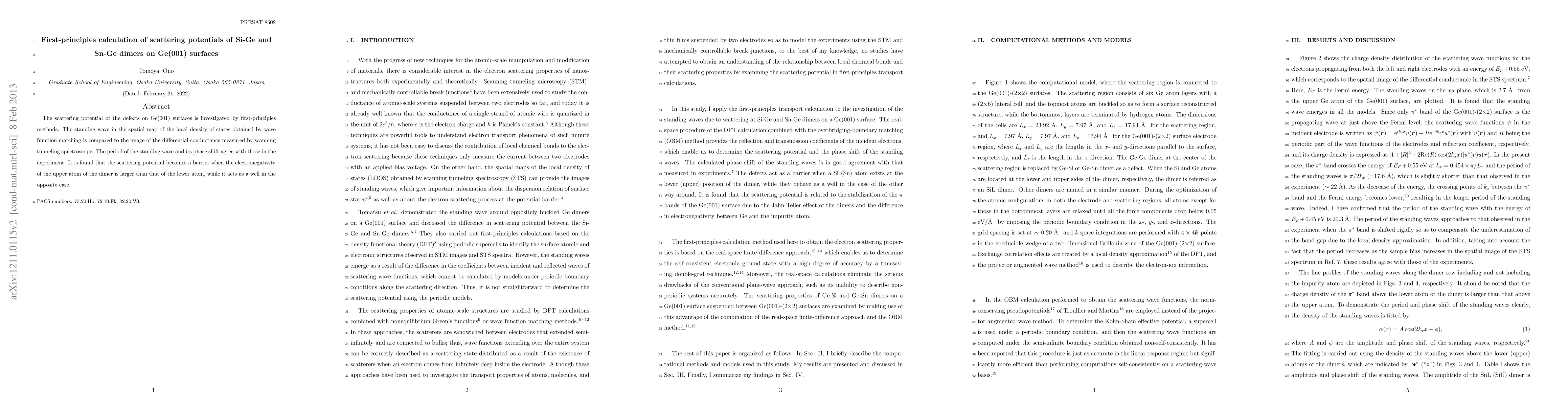 Thumbnail for First-principles calculation of scattering potentials of Si-Ge and Sn-Ge
  dimers on Ge(001) surfaces