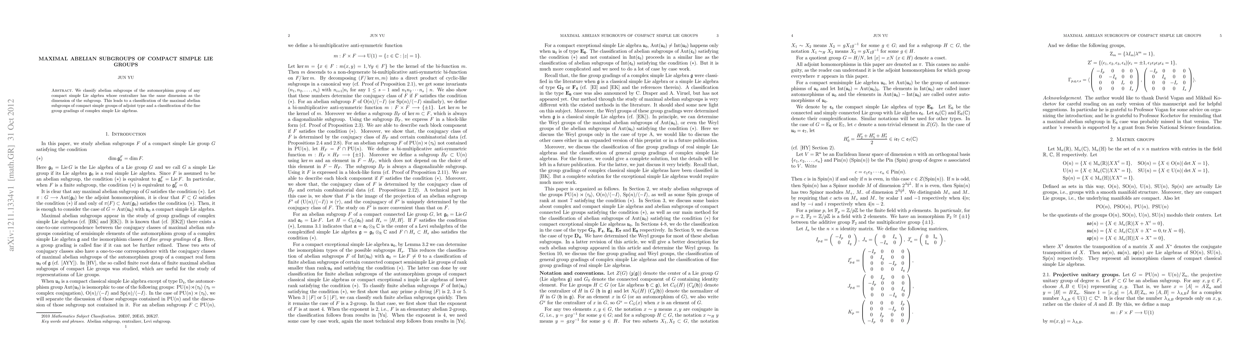 Thumbnail for Maximal abelian subgroups of compact simple Lie groups