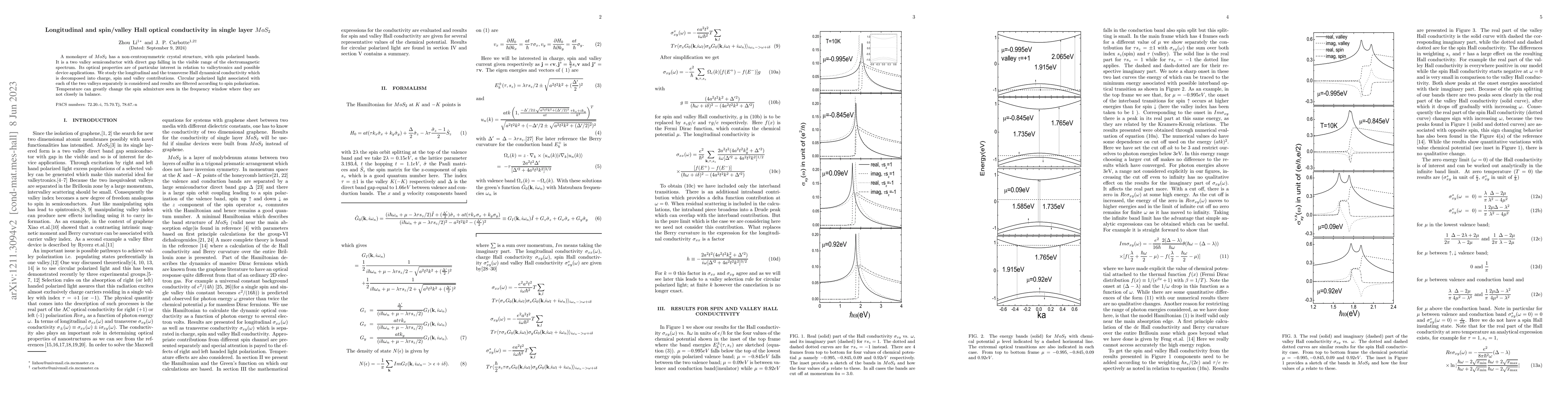 Thumbnail for Longitudinal and spin/valley Hall optical conductivity in single layer
  $MoS_{2}$