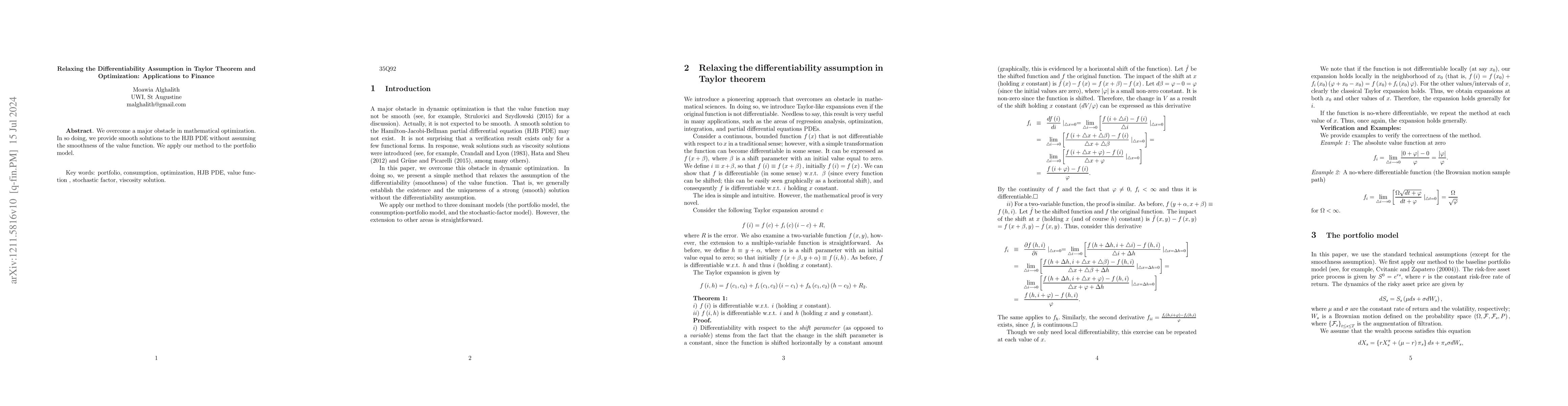 Thumbnail for Relaxing the Differentiability Assumption in Taylor Theorem and
  Optimization: Applications to the HJB PDE and Finance