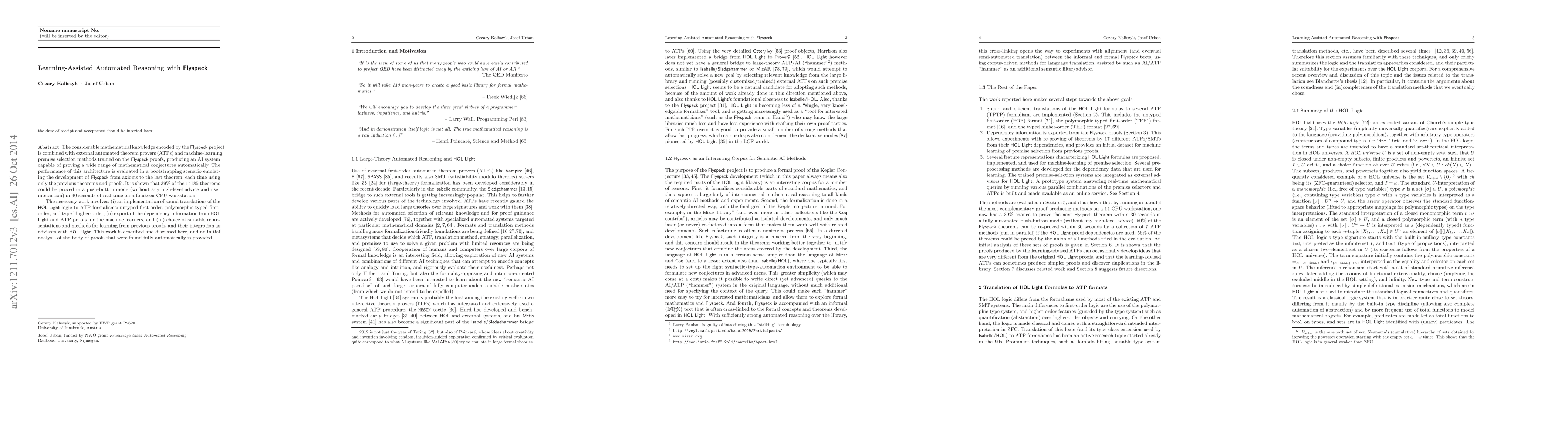 Thumbnail for Learning-Assisted Automated Reasoning with Flyspeck