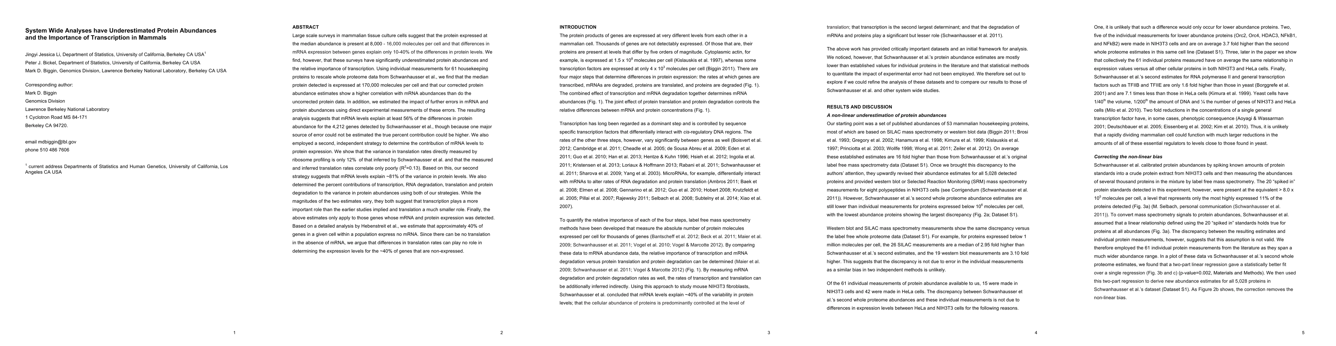 Thumbnail for System Wide Analyses have Underestimated Protein Abundances and the
  Importance of Transcription in Mammals