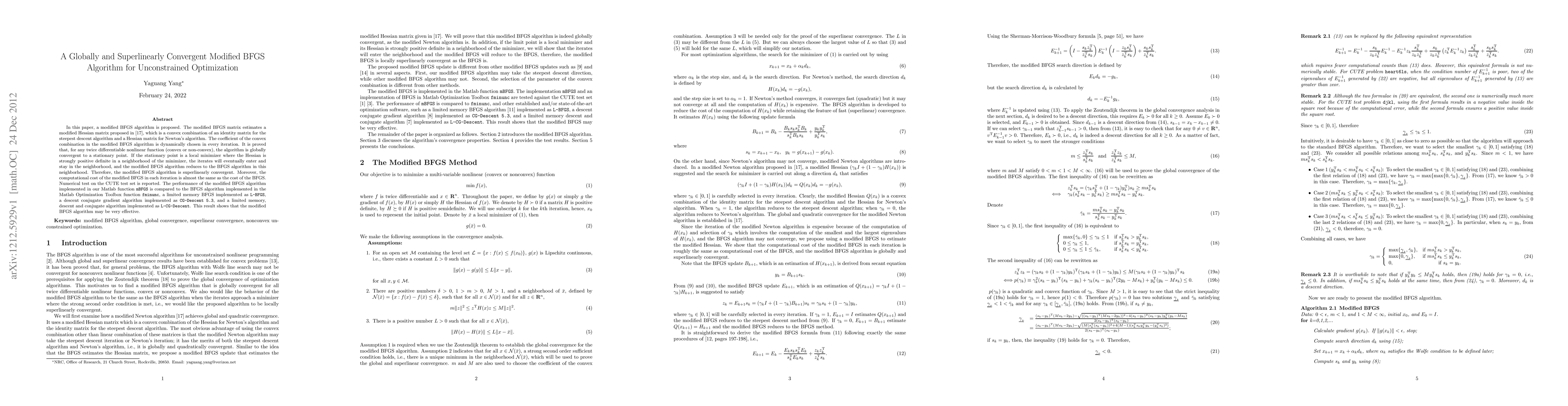 Thumbnail for A Globally and Superlinearly Convergent Modified BFGS Algorithm for
  Unconstrained Optimization