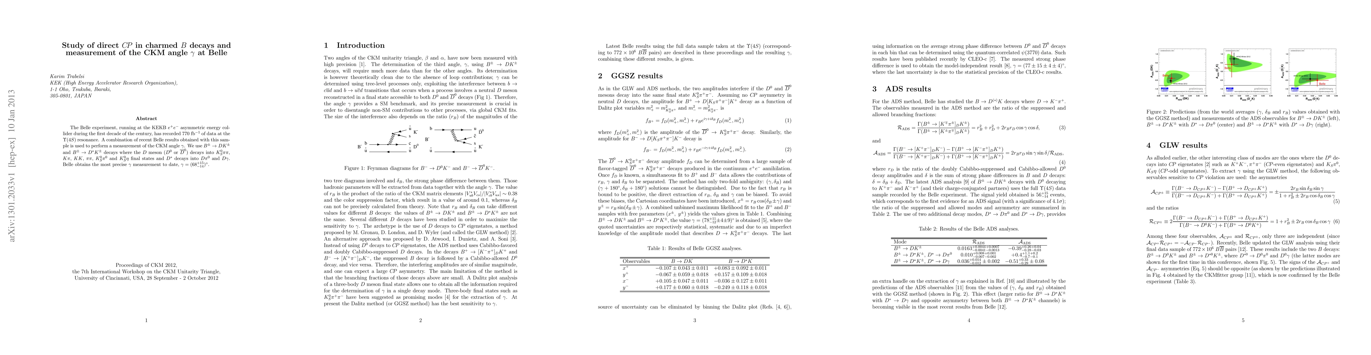 Thumbnail for Study of direct CP in charmed B decays and measurement of the CKM angle
  gamma at Belle