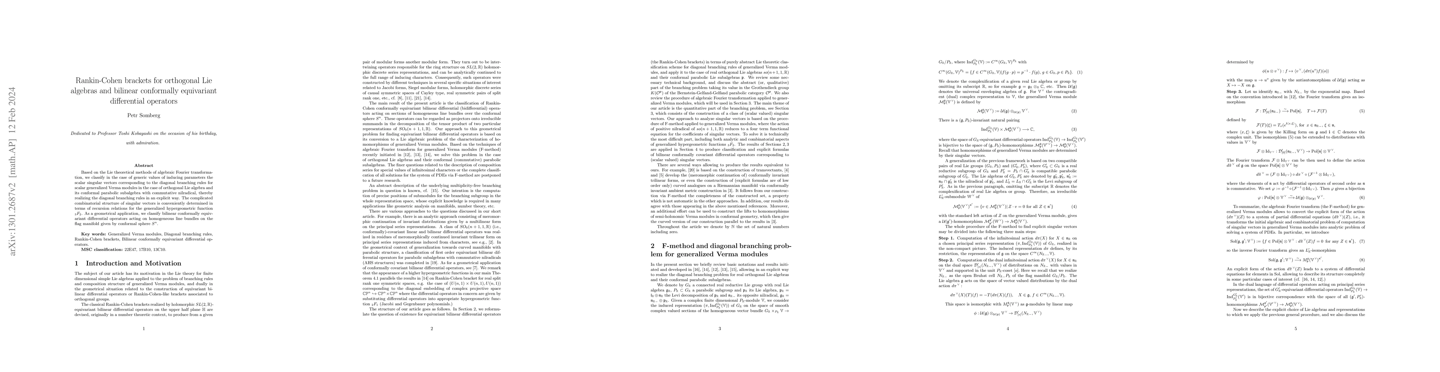 Thumbnail for Rankin-Cohen brackets for orthogonal Lie algebras and bilinear
  conformally invariant differential operators
