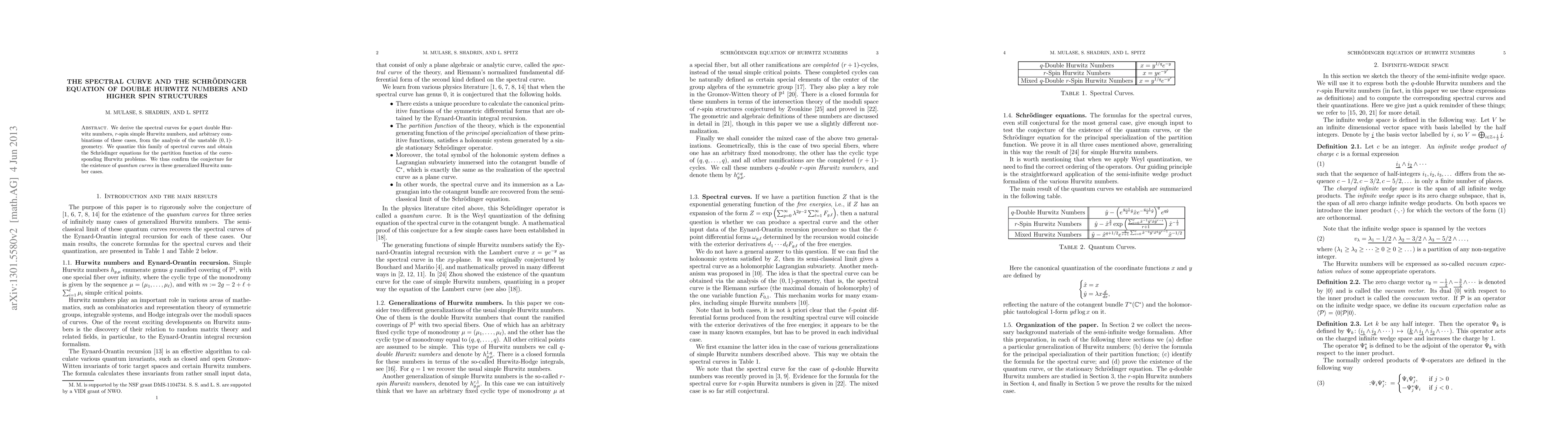 Thumbnail for The spectral curve and the Schroedinger equation of double Hurwitz
  numbers and higher spin structures