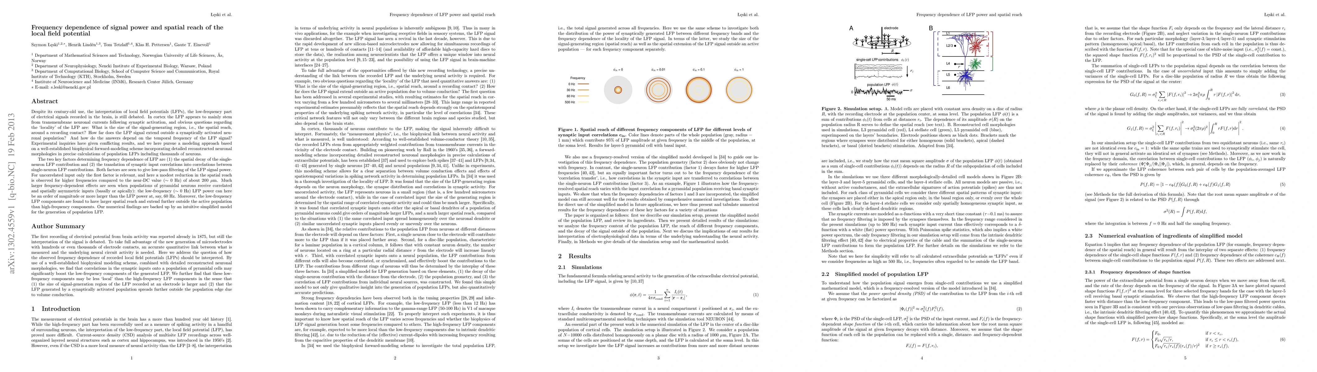 Thumbnail for Frequency dependence of signal power and spatial reach of the local
  field potential