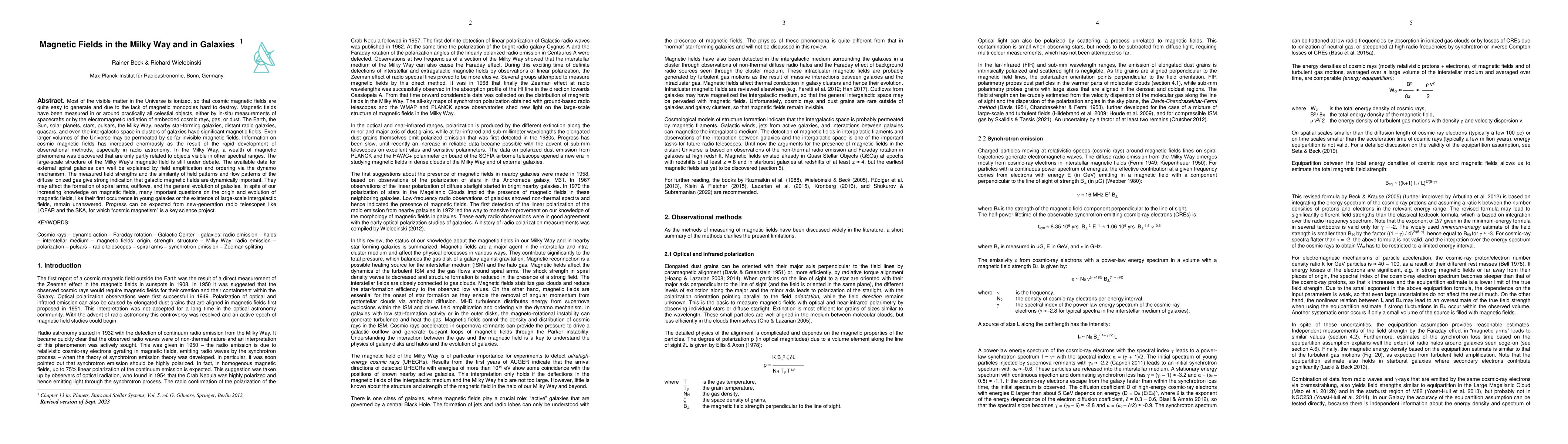 Thumbnail for Magnetic Fields in the Milky Way and in Galaxies (revised version of
  September 2023)