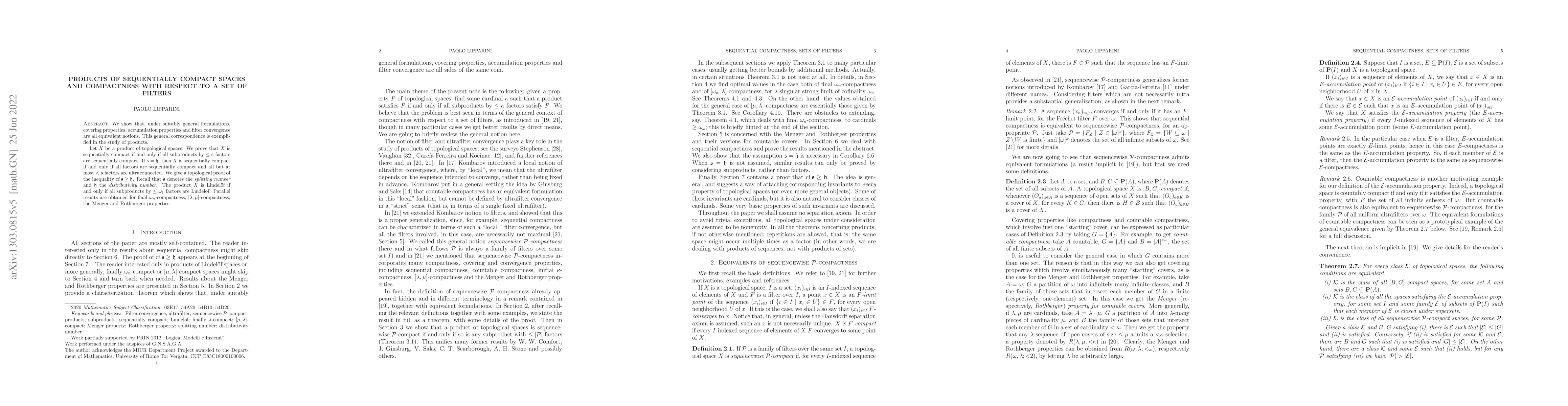Thumbnail for Products of sequentially compact spaces and compactness with respect to
  a set of filters