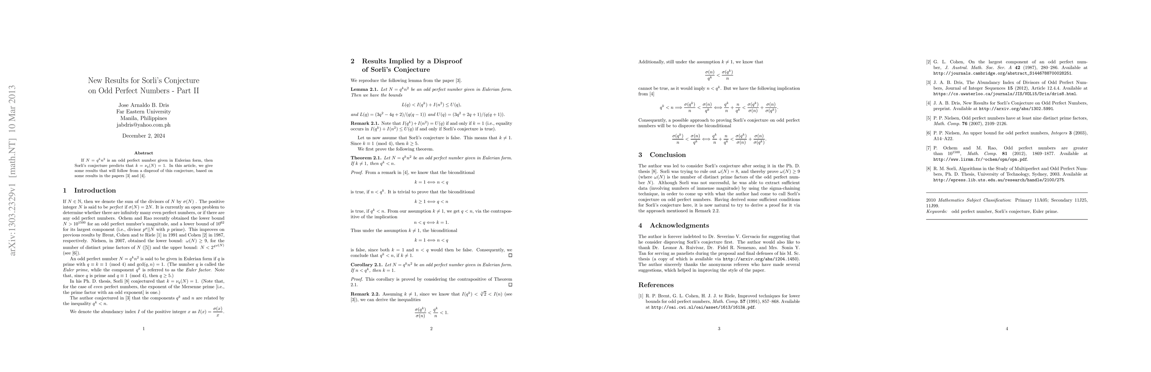 Thumbnail for New Results for Sorli's Conjecture on Odd Perfect Numbers - Part II