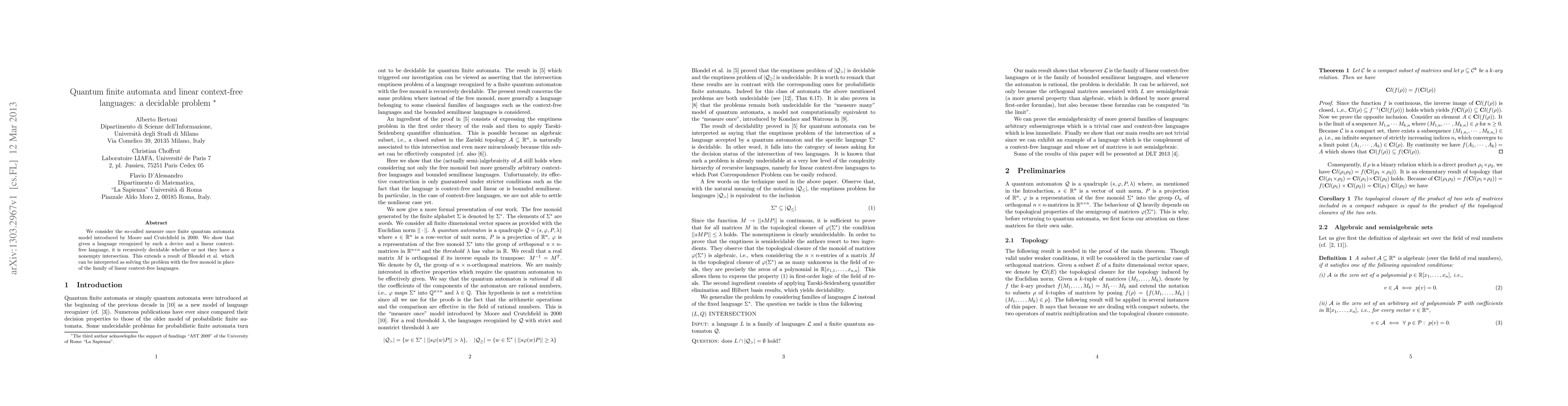 Thumbnail for Quantum finite automata and linear context-free languages: a decidable
  problem