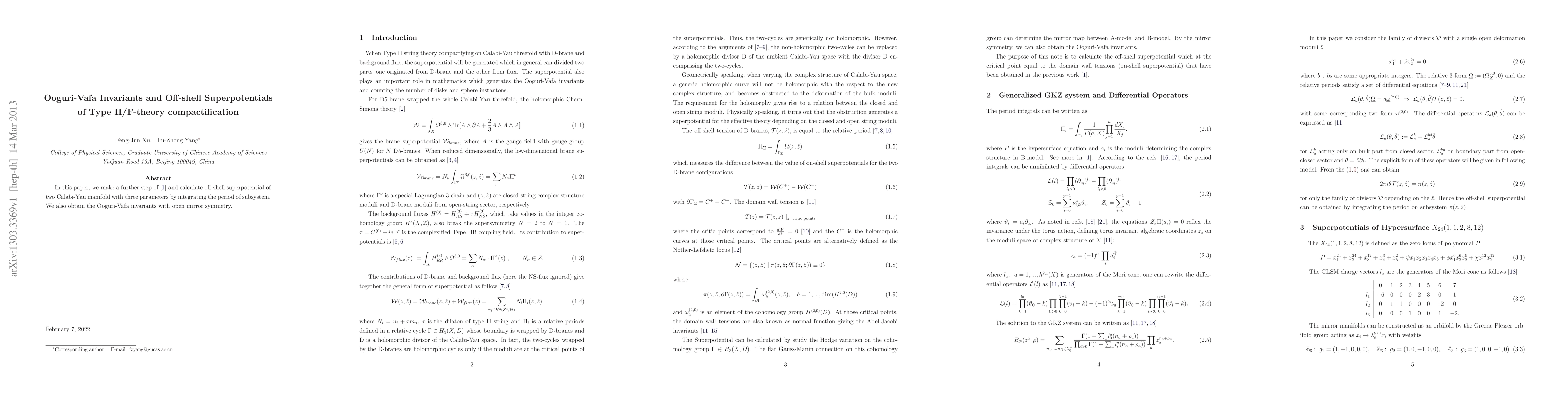 Thumbnail for Ooguri-Vafa Invariants and Off-shell Superpotentials of Type II/F-theory
  compactification