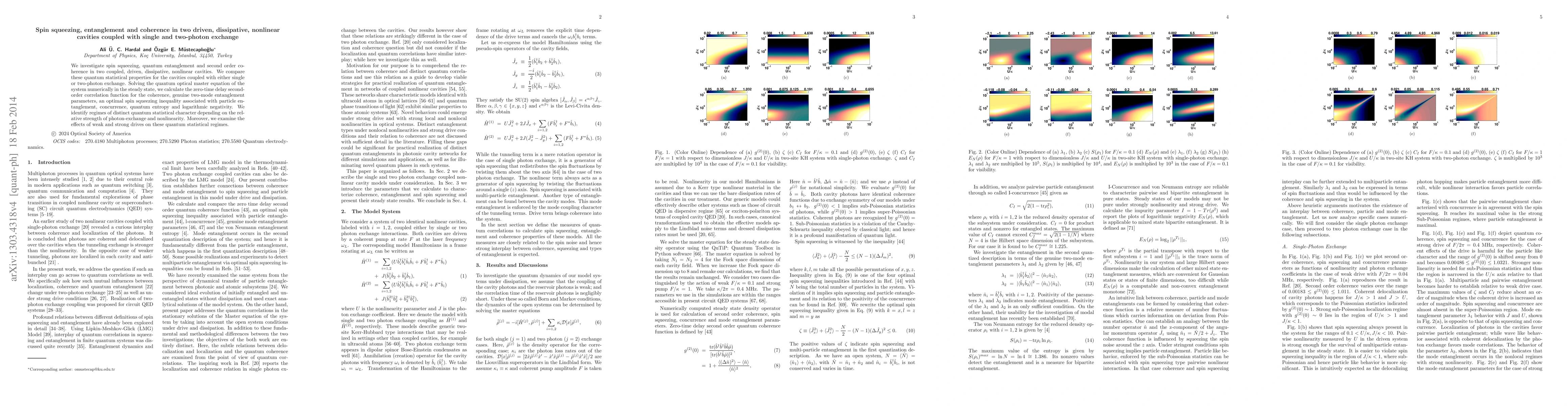 Thumbnail for Spin squeezing, entanglement and coherence in two driven, dissipative,
  nonlinear cavities coupled with single and two-photon exchange