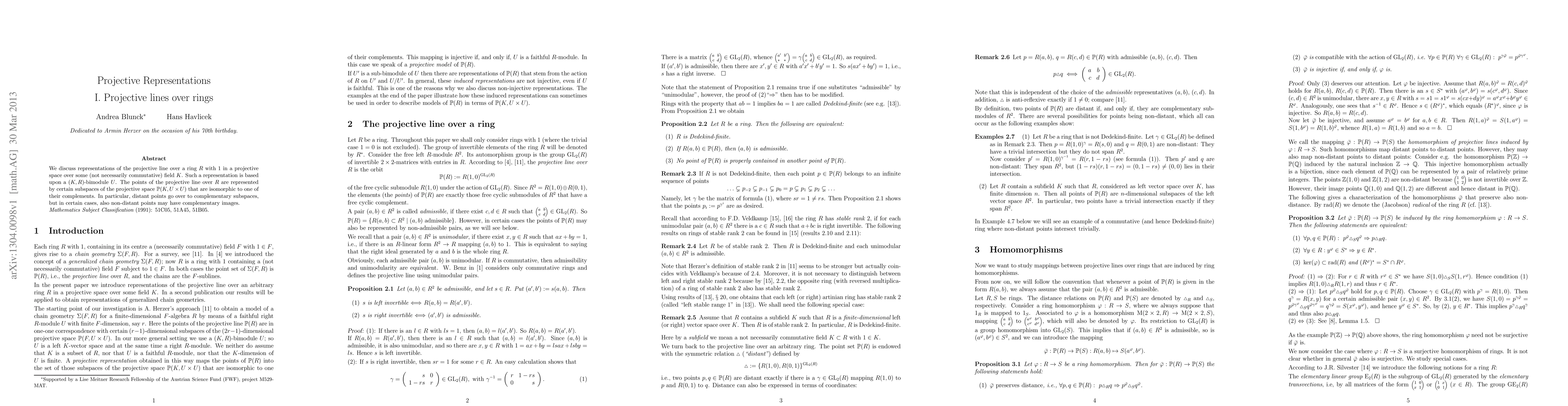 Thumbnail for Projective Representations I. Projective lines over rings