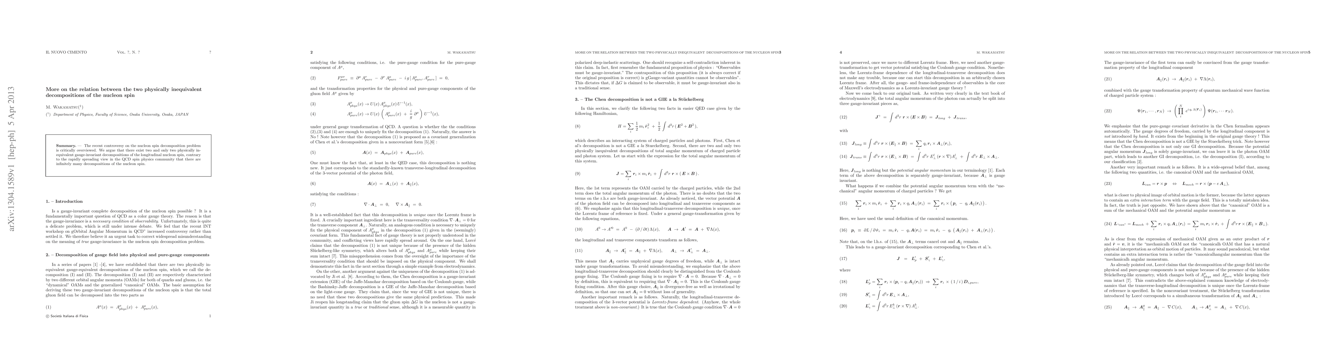 Thumbnail for More on the relation between the two physically inequivalent
  decompositions of the nucleon spin