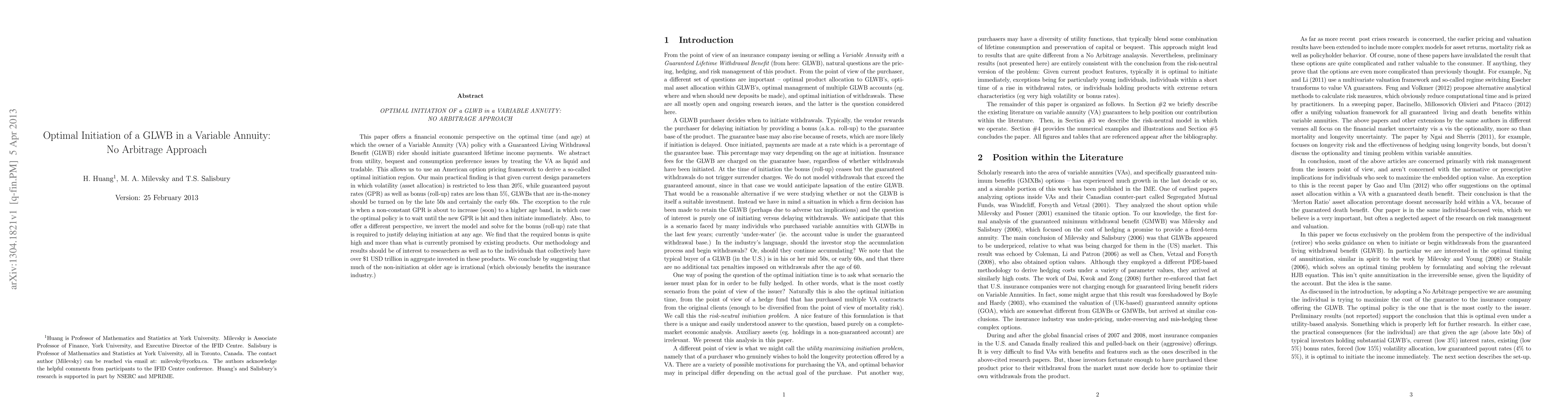 Thumbnail for Optimal initiation of a GLWB in a variable annuity: no arbitrage
  approach