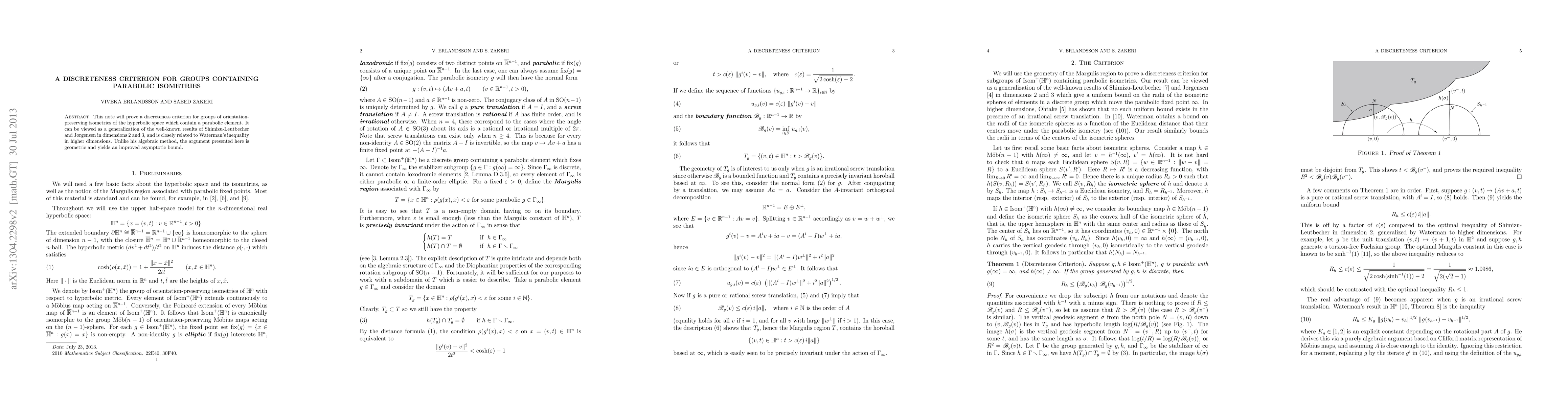 Thumbnail for A discreteness criterion for groups containing parabolic isometries