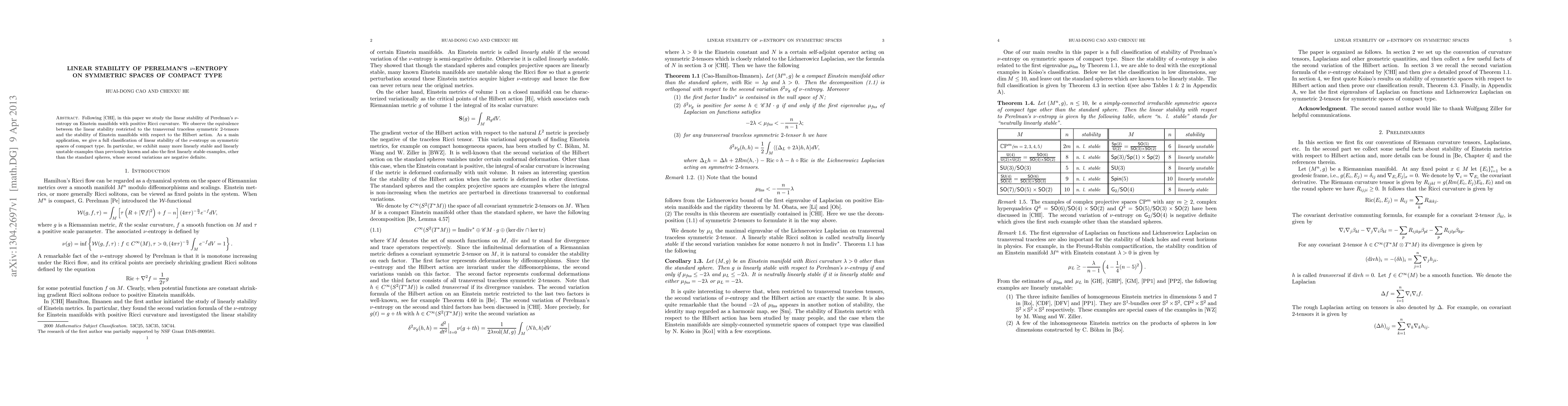 Thumbnail for Linear stability of Perelman's $\nu$-entropy on symmetric spaces of
  compact type