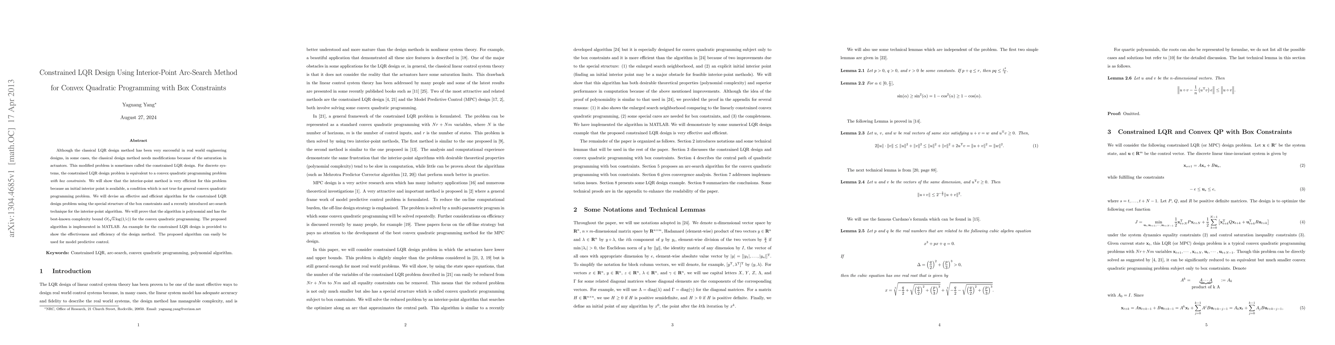 Thumbnail for Constrained LQR Design Using Interior-Point Arc-Search Method for Convex
  Quadratic Programming with Box Constraints