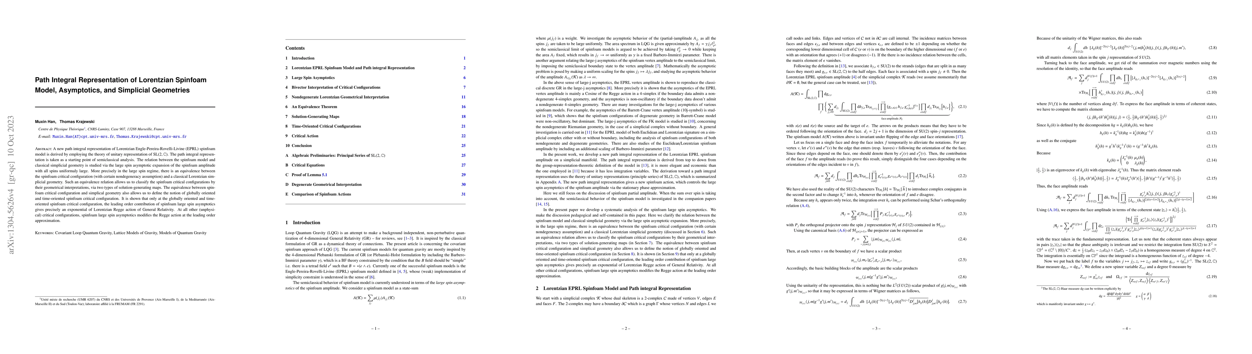 Thumbnail for Path Integral Representation of Lorentzian Spinfoam Model, Asymptotics,
  and Simplicial Geometries