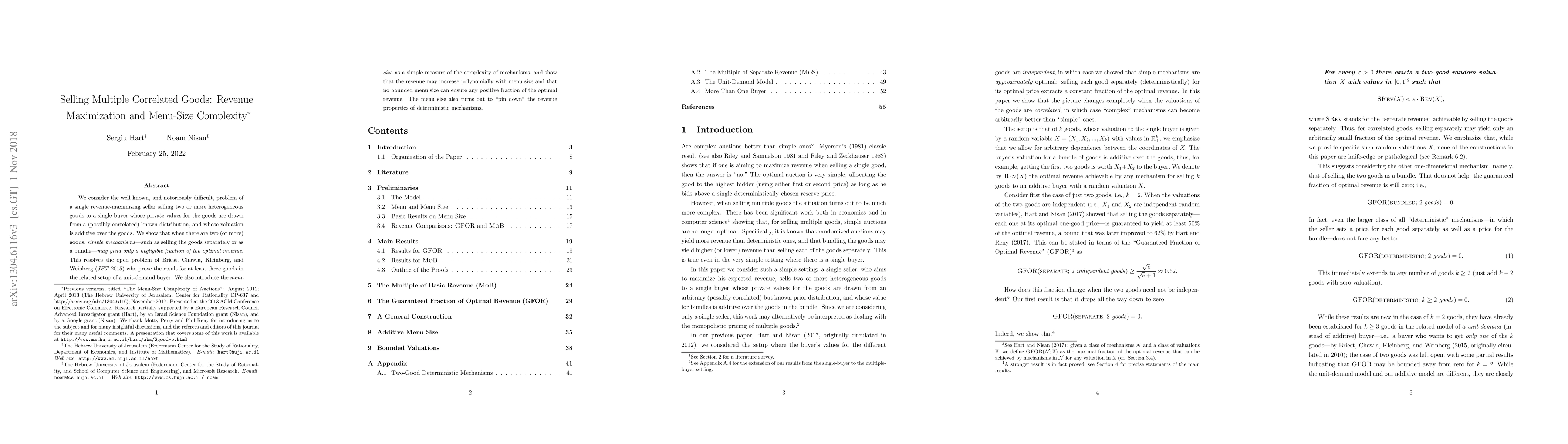Thumbnail for Selling Multiple Correlated Goods: Revenue Maximization and Menu-Size
  Complexity (old title: "The Menu-Size Complexity of Auctions")
