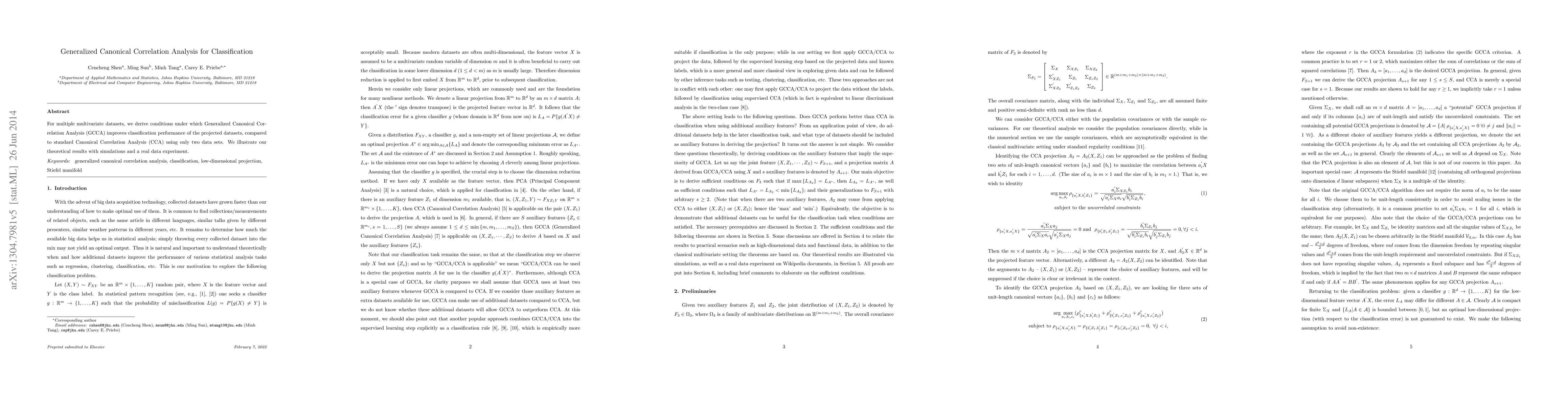 Thumbnail for Generalized Canonical Correlation Analysis for Classification