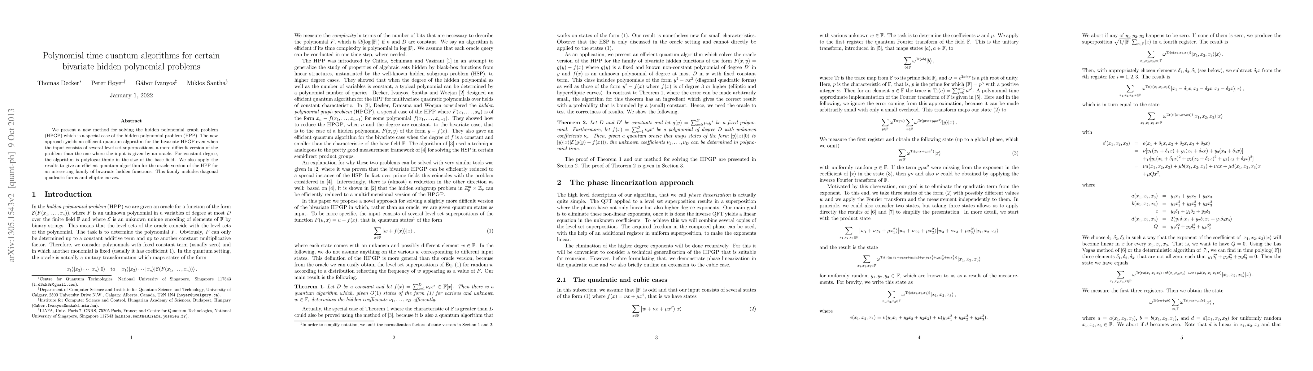Thumbnail for Polynomial time quantum algorithms for certain bivariate hidden
  polynomial problems