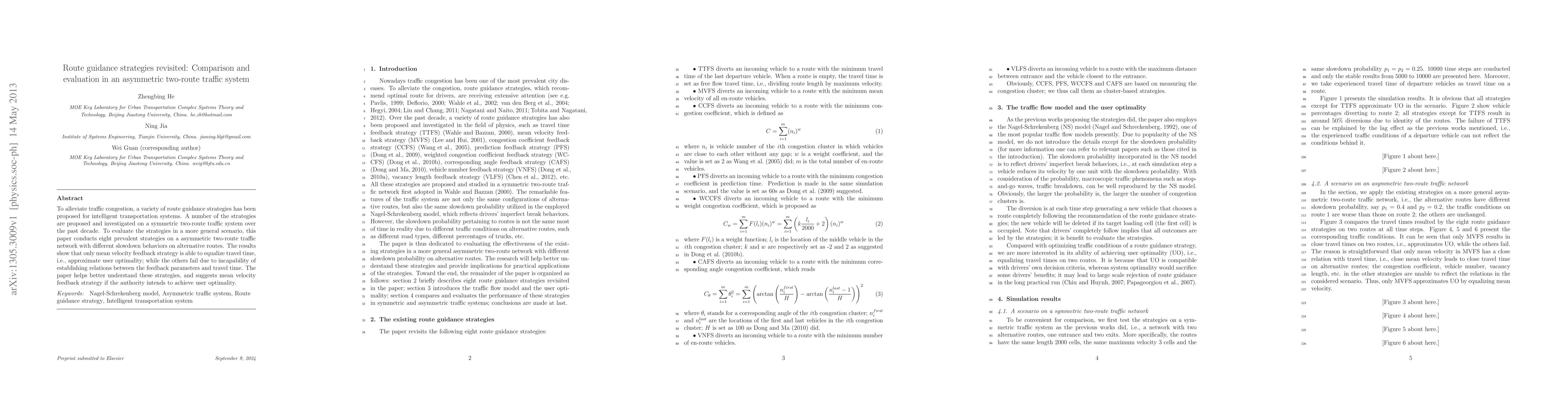 Thumbnail for Route guidance strategies revisited: Comparison and evaluation in an
  asymmetric two-route traffic system