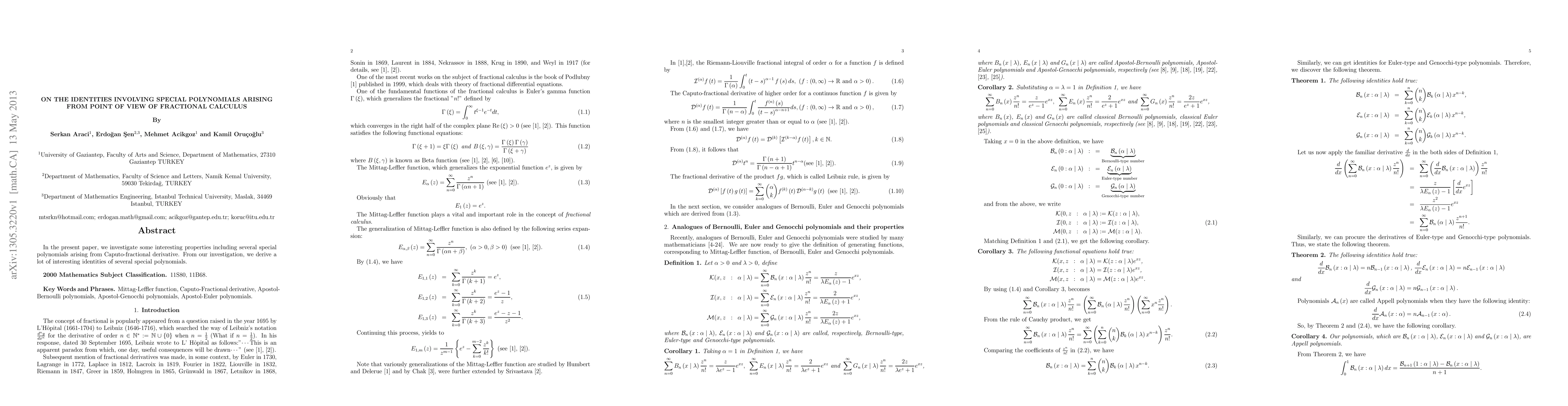 Thumbnail for On the Identities Involving Special Polynomials Arising From Point of
  View of Fractional Calculus