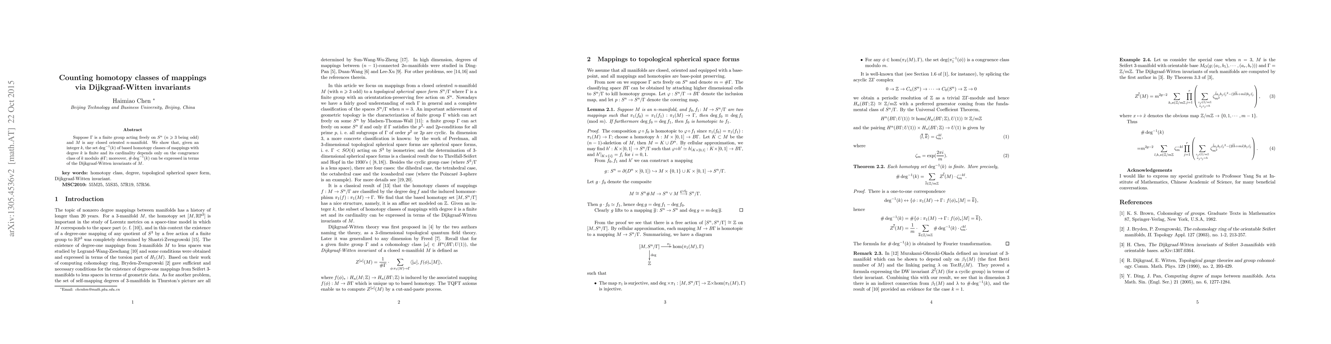 Thumbnail for Counting homotopy classes of mappings via Dijkgraaf-Witten invariants