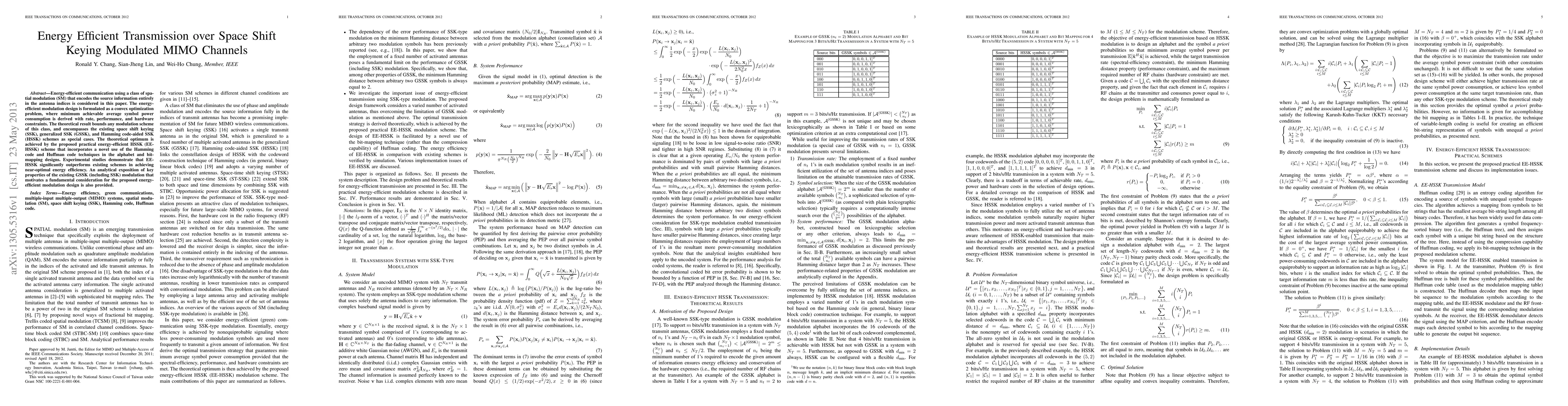 Thumbnail for Energy Efficient Transmission over Space Shift Keying Modulated MIMO
  Channels