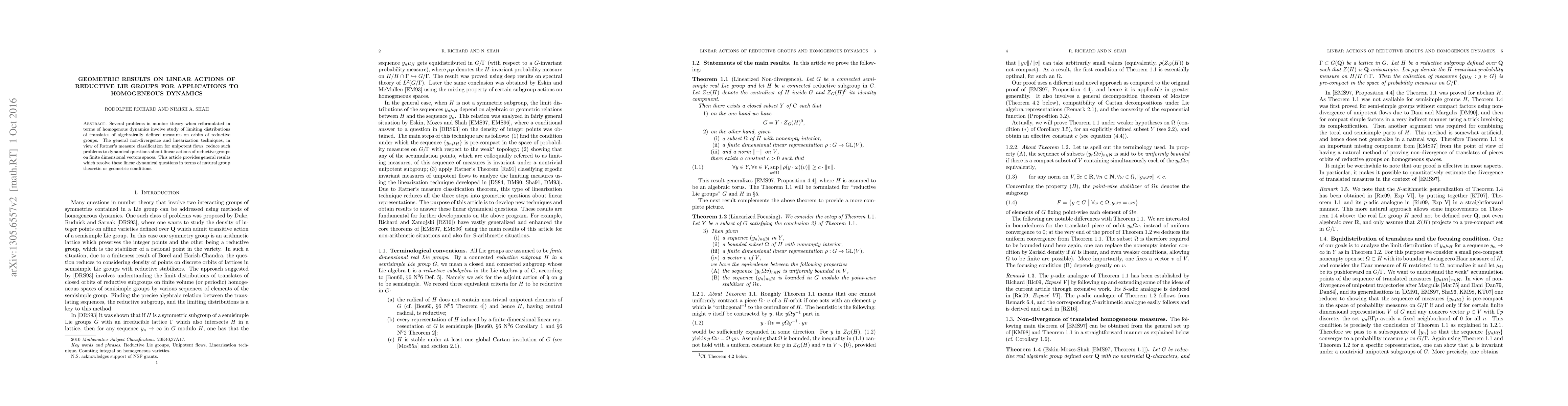 Thumbnail for Geometric results on linear actions of reductive Lie groups for
  applications to homogeneous dynamics