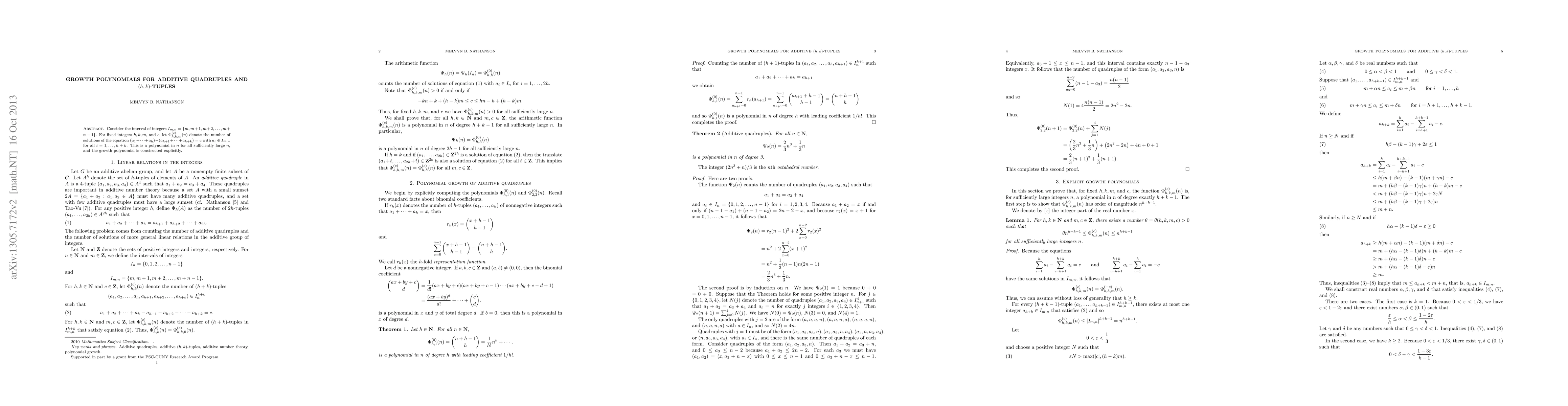 Thumbnail for Growth polynomials for additive quadruples and $(h,k)$-tuples