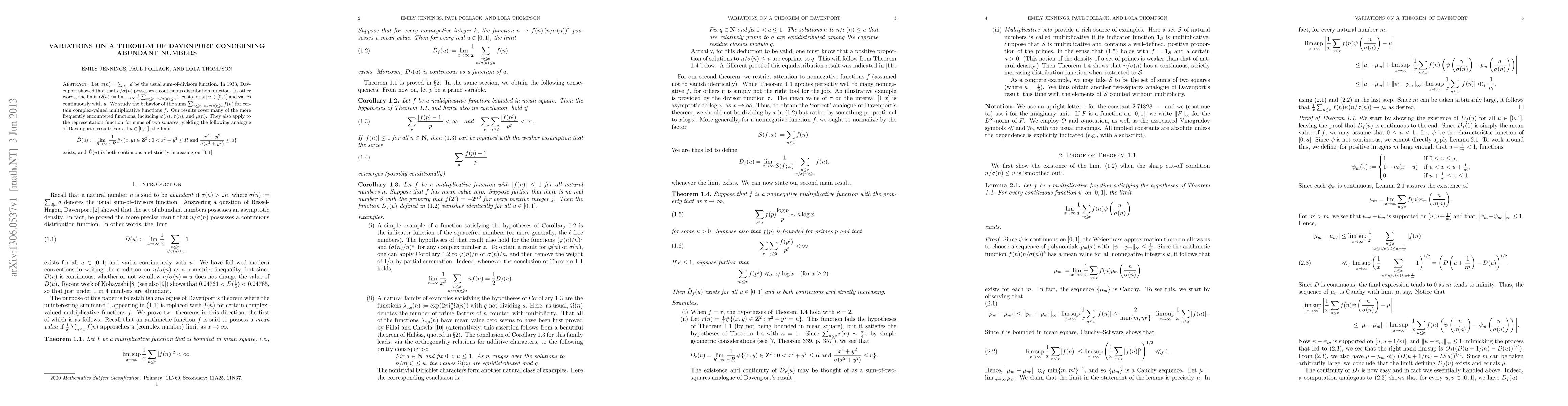 Thumbnail for Variations on a theorem of Davenport concerning abundant numbers