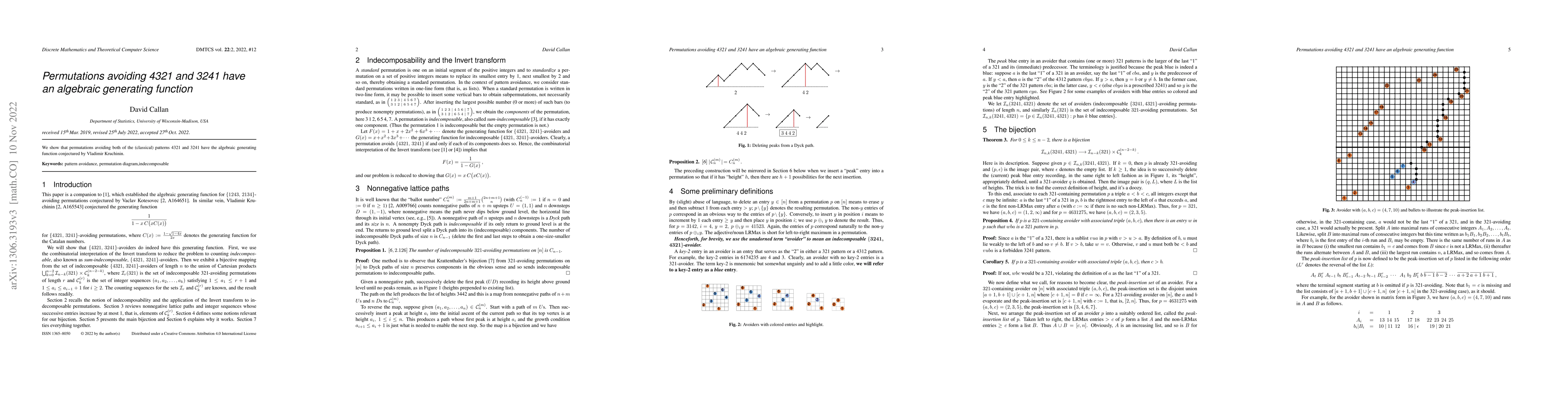 Thumbnail for Permutations avoiding 4321 and 3241 have an algebraic generating
  function