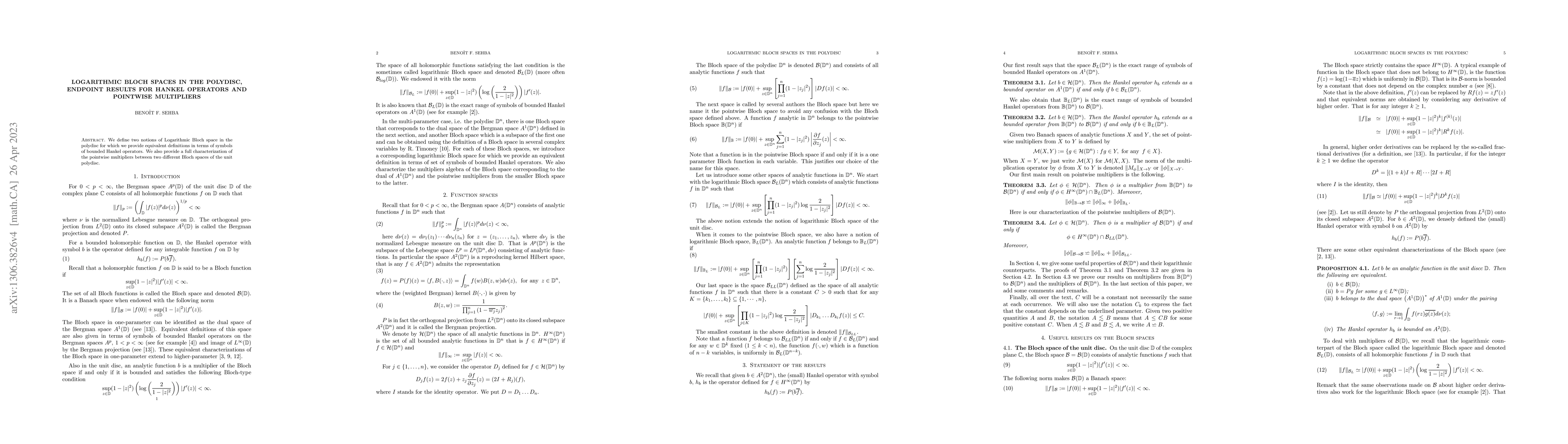 Thumbnail for Logarithmic Bloch spaces in the polydisc, endpoint results for Hankel
  operators and pointwise multipliers