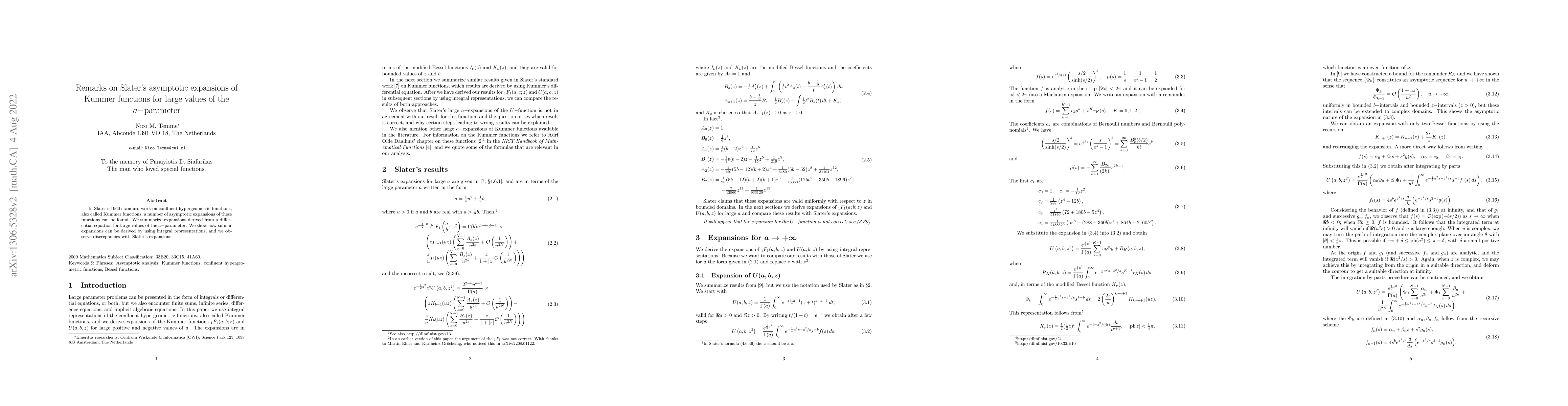 Thumbnail for Remarks on Slater's asymptotic expansions of Kummer functions for large
  values of the $a-$parameter