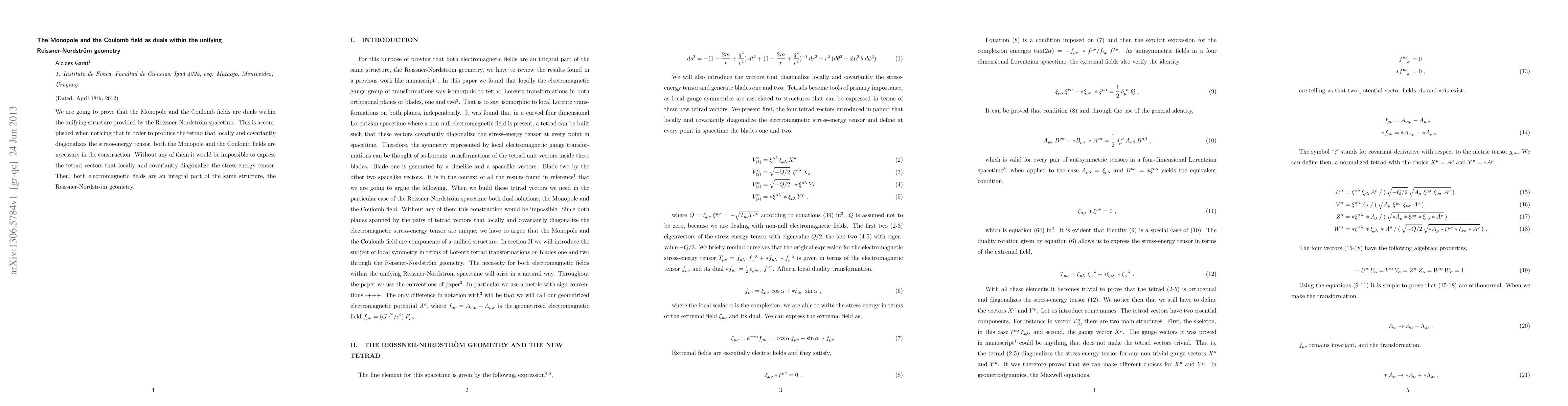 Thumbnail for The Monopole and the Coulomb field as duals within the unifying
  Reissner-Nordstrom geometry