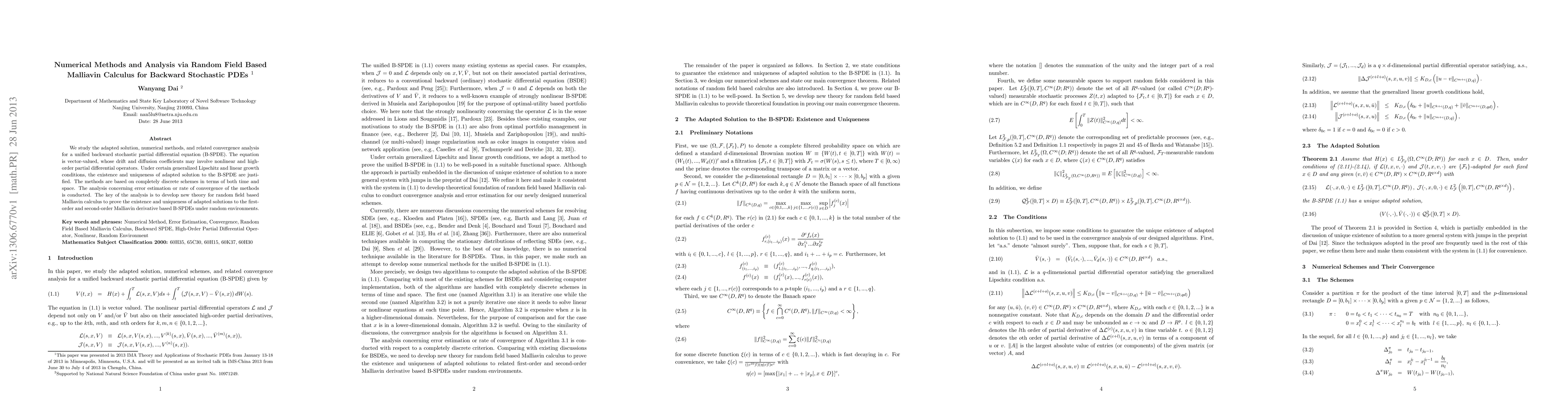 Thumbnail for Numerical Methods and Analysis via Random Field Based Malliavin Calculus
  for Backward Stochastic PDEs