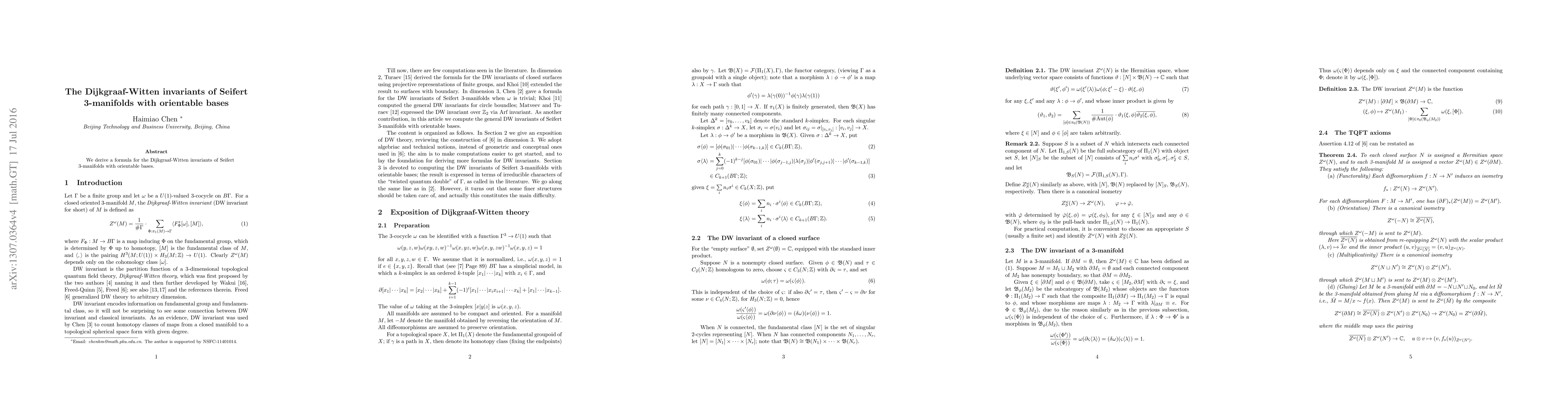 Thumbnail for The Dijkgraaf-Witten invariants of Seifert 3-manifolds with orientable
  bases