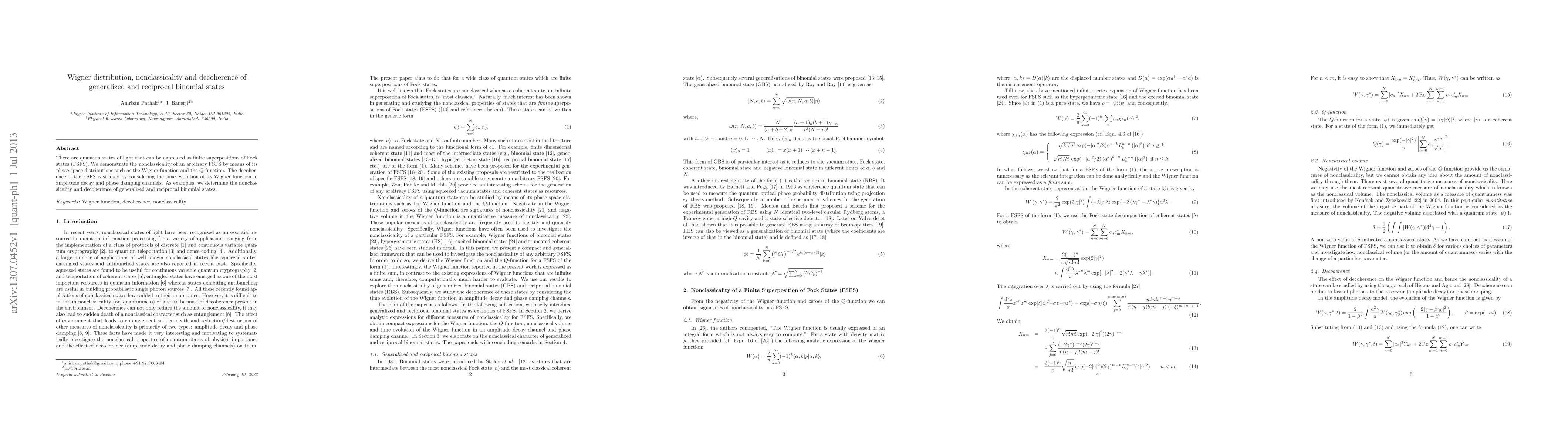 Thumbnail for Wigner distribution, nonclassicality and decoherence of generalized and
  reciprocal binomial states