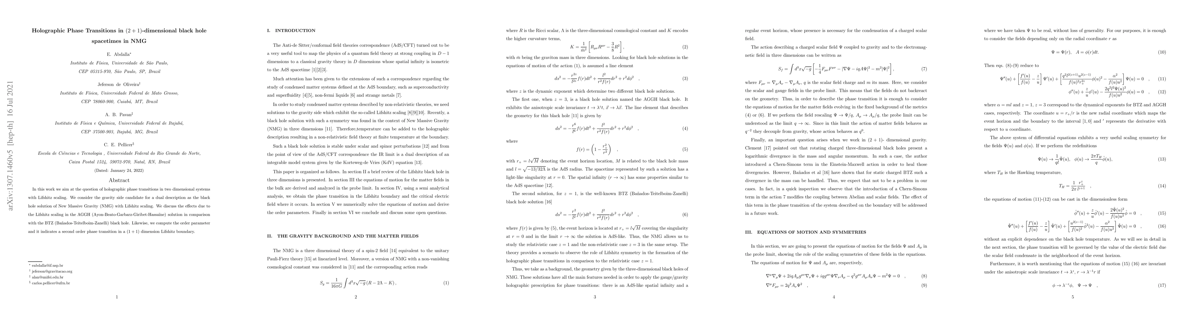 Thumbnail for Holographic Phase Transitions in (2+1)-dimensional black hole spacetimes
  in NMG