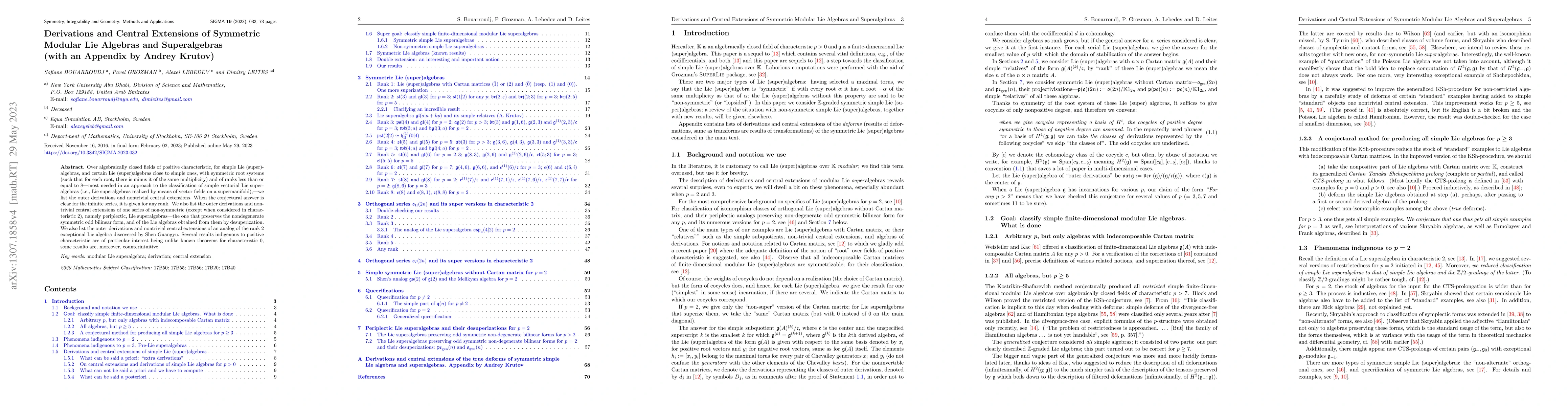 Thumbnail for Derivations and Central Extensions of Symmetric Modular Lie Algebras and
  Superalgebras