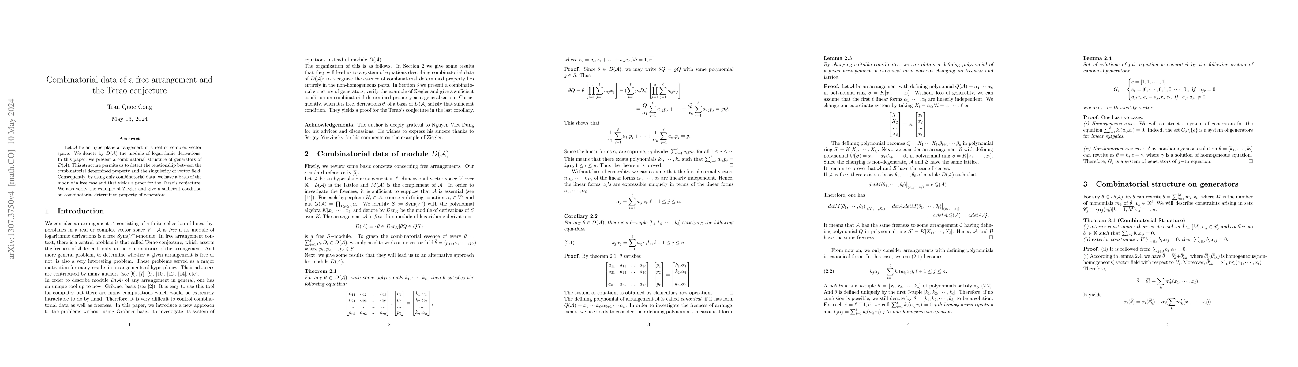 Thumbnail for Combinatorial data of a free arrangement and the Terao conjecture