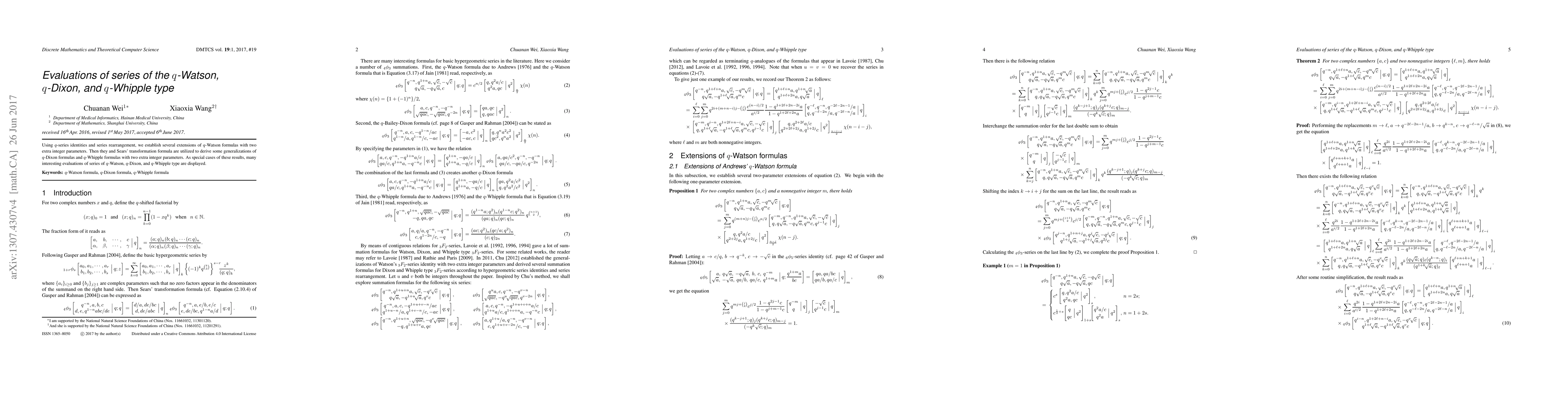 Thumbnail for Evaluations of series of the $q$-Watson, $q$-Dixon, and $q$-Whipple type