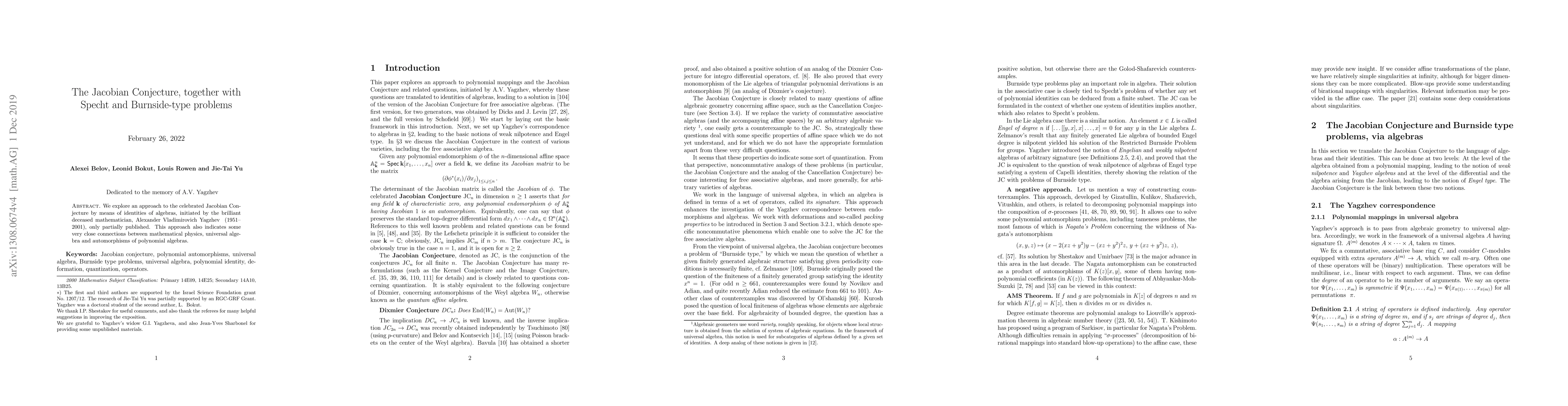 Thumbnail for The Jacobian Conjecture, together with Specht and Burnside-type problems