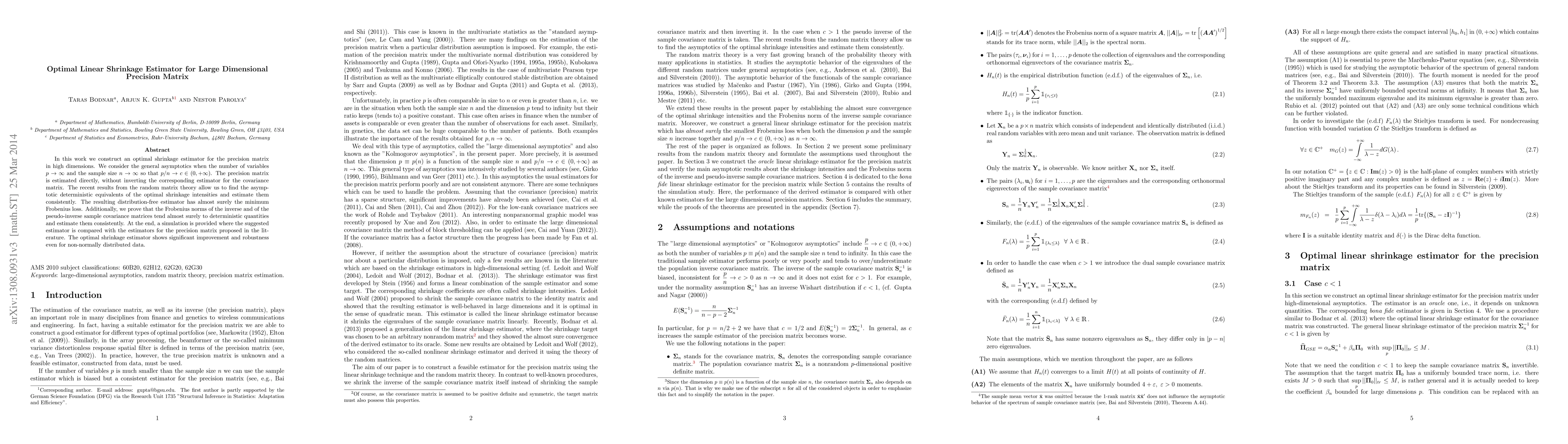Thumbnail for Optimal Linear Shrinkage Estimator for Large Dimensional Precision
  Matrix